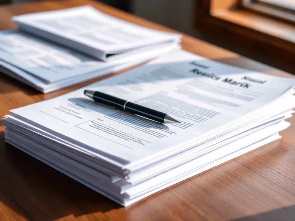 Pilas de documentos impresos sobre una mesa de madera.