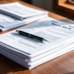 Pilas de documentos impresos sobre una mesa de madera.