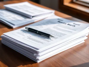 Pilas de documentos impresos sobre una mesa de madera.
