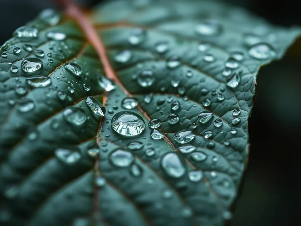 Gota de agua sobre una hoja verde con textura