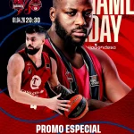 Jugadores de baloncesto del Kosner Baskonia y Casademont Zaragoza en un cartel promocional