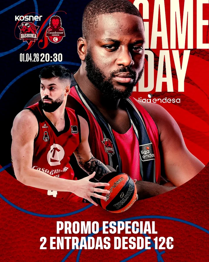 Jugadores de baloncesto del Kosner Baskonia y Casademont Zaragoza en un cartel promocional