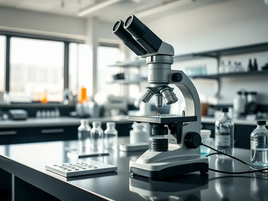 Microscopio en un laboratorio con frascos y equipo de investigación.