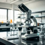 Microscopio en un laboratorio con frascos y equipo de investigación.