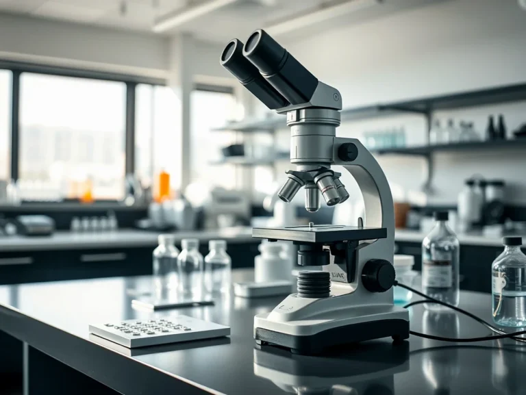 Microscopio en un laboratorio con frascos y equipo de investigación.
