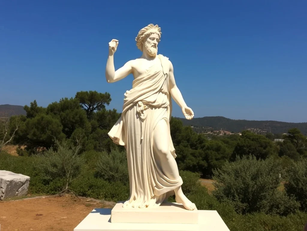 Estatua de un filósofo griego en un paisaje natural