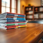 Pila de revistas académicas sobre una mesa de madera