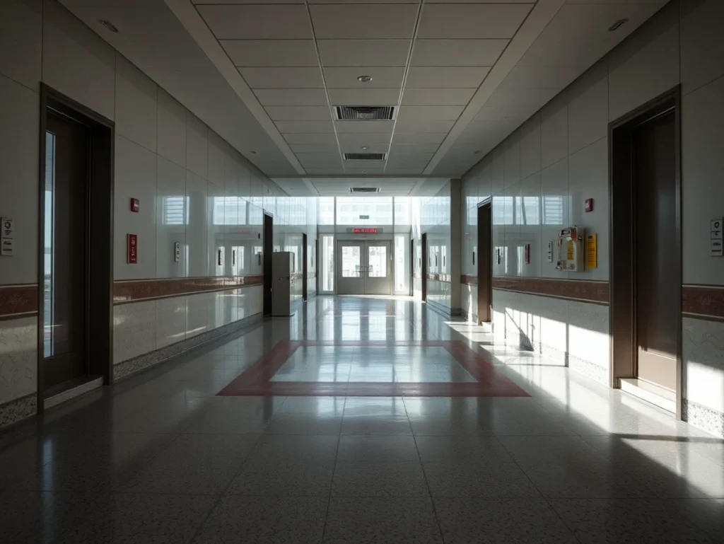 Pasillo vacío de un hospital con puertas y luz natural