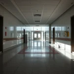 Pasillo vacío de un hospital con puertas y luz natural