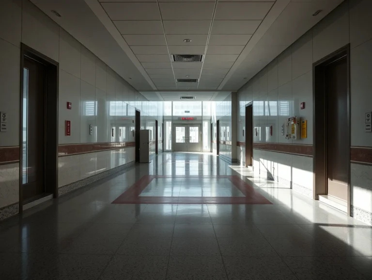 Pasillo vacío de un hospital con puertas y luz natural