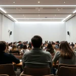 Sala de conferencias con asistentes en una reunión