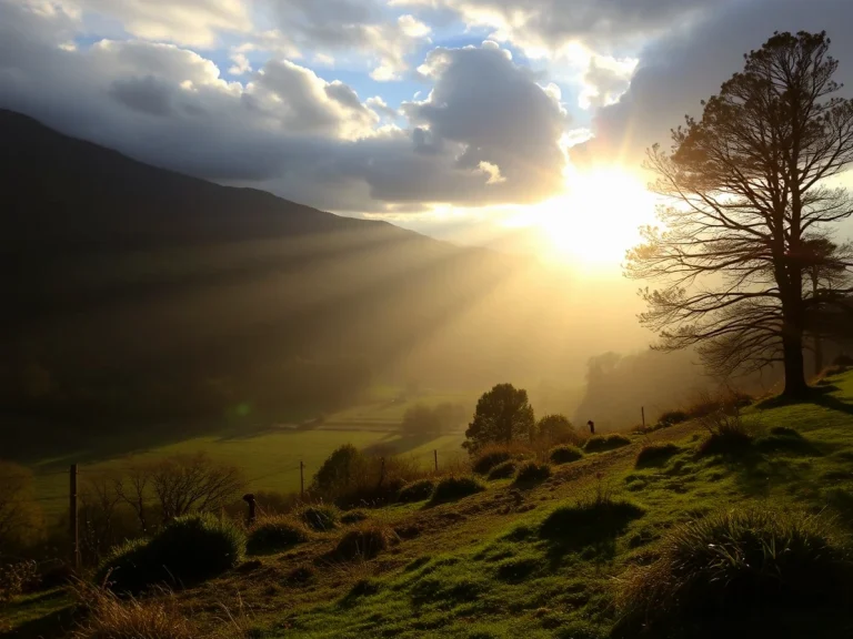 Paisaje natural en Euskadi con rayos de sol y nubes