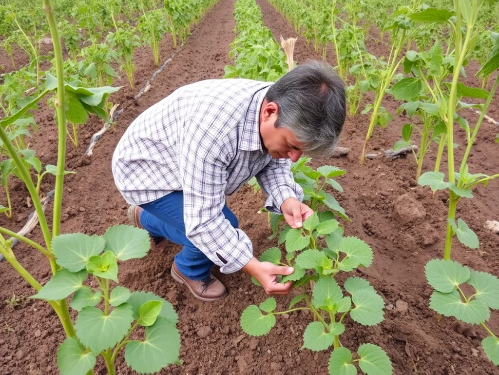 Agricultor revisando plantas en un campo agrícola