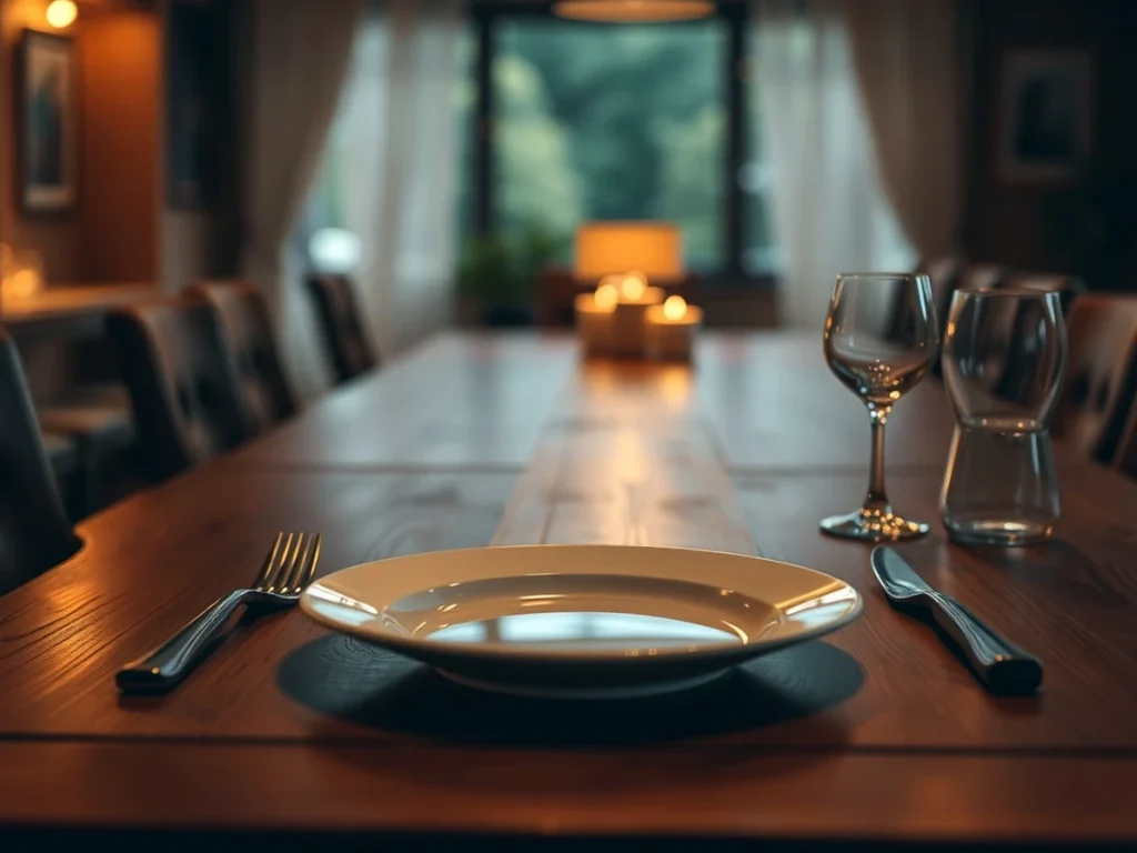 Mesa de comedor elegante con platos y copas vacías