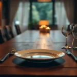 Mesa de comedor elegante con platos y copas vacías