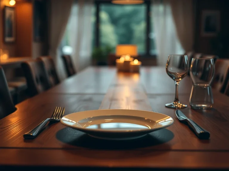 Mesa de comedor elegante con platos y copas vacías