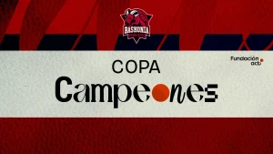 Logo de Baskonia y texto Copa Campeones en fondo rojo