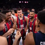 Jugadores del Baskonia celebrando en el Buesa Arena tras la victoria