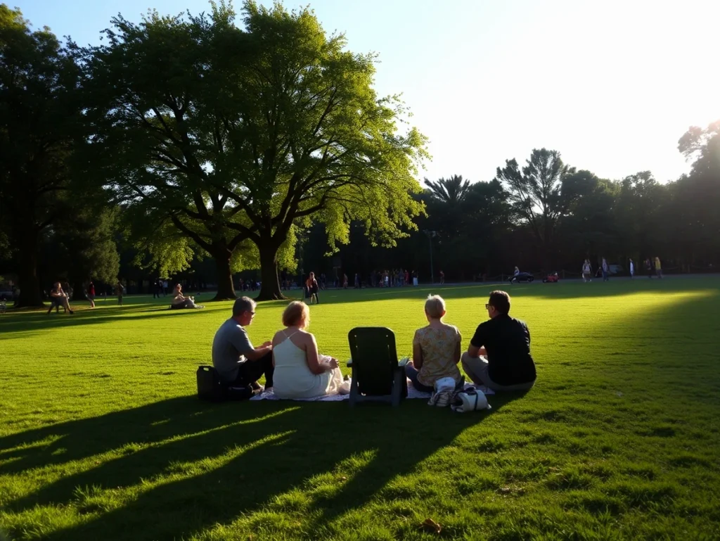 Cuatro personas sentadas en un parque al atardecer