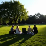 Cuatro personas sentadas en un parque al atardecer