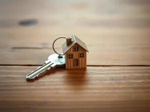 Llave y miniatura de casa sobre una mesa de madera