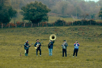 Grupo musical tocando instrumentos en un campo verde