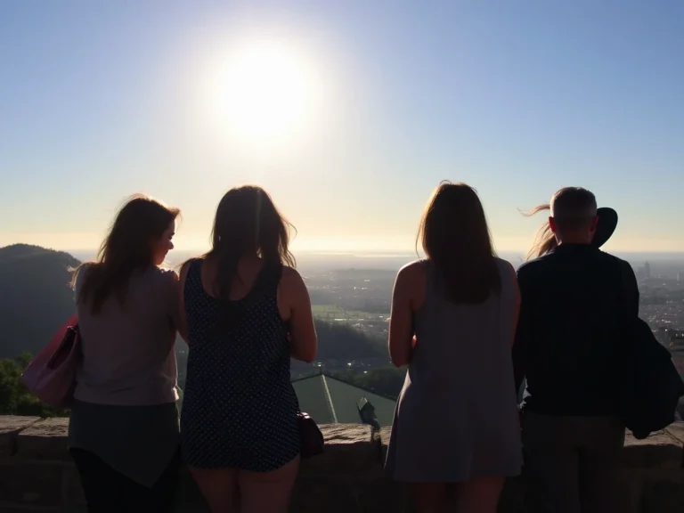 Cuatro personas observando un paisaje al atardecer