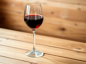 Copa de vino tinto sobre una mesa de madera