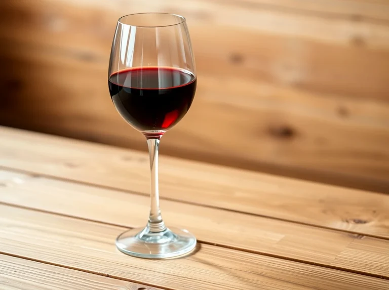 Copa de vino tinto sobre una mesa de madera