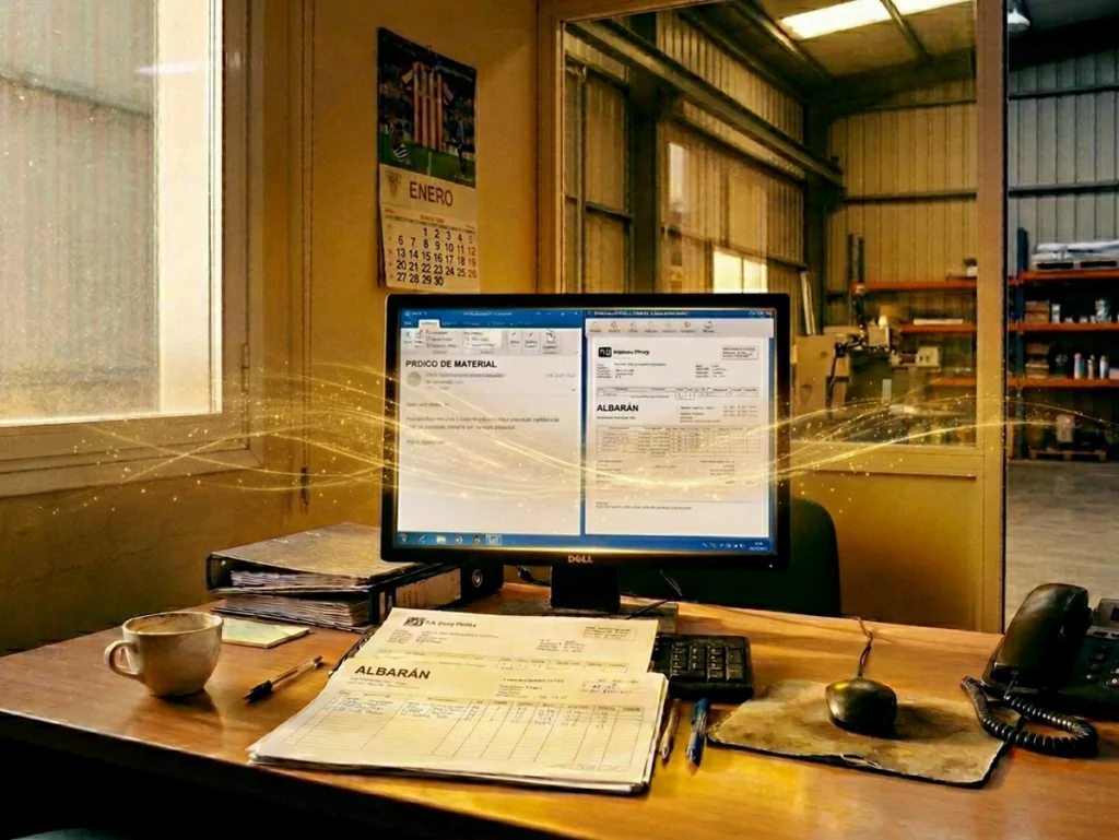 Escritorio con computadora, documentos y taza en un entorno industrial