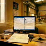 Escritorio con computadora, documentos y taza en un entorno industrial