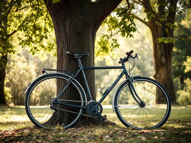 Bicicleta apoyada en un árbol en un parque con luz natural