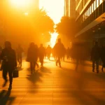 Personas caminando en una calle iluminada por el sol al atardecer.