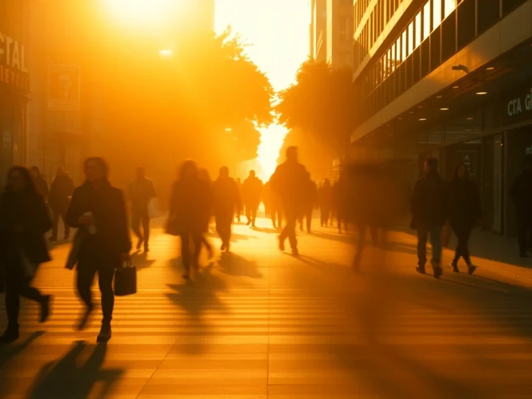 Personas caminando en una calle iluminada por el sol al atardecer.