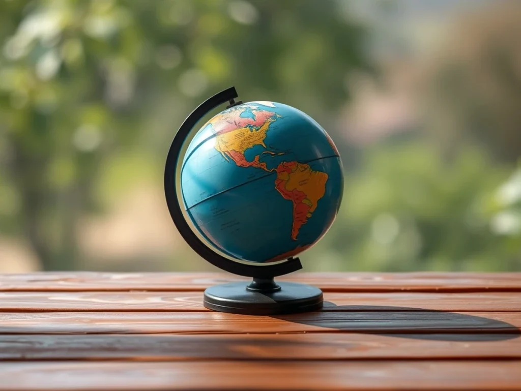 Globo terráqueo sobre una mesa de madera con fondo natural