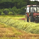 Tractor trabajando en un campo verde y soleado