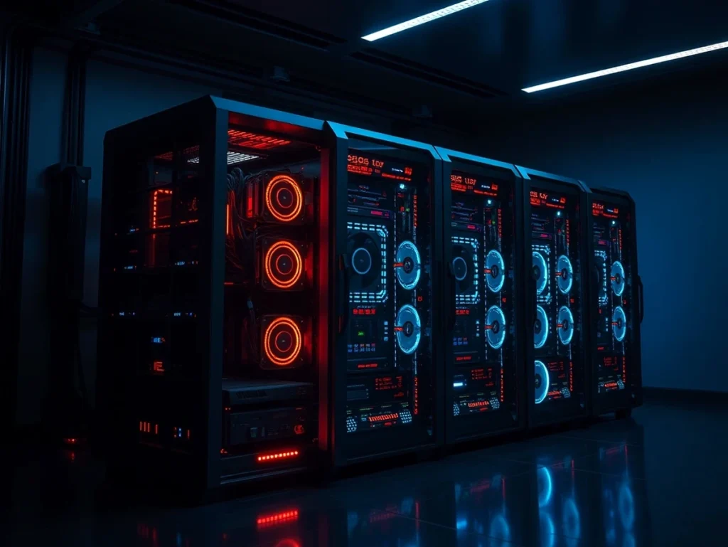 Servidores de alta tecnología iluminados en azul y rojo