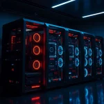 Servidores de alta tecnología iluminados en azul y rojo