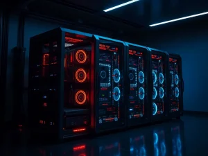 Servidores de alta tecnología iluminados en azul y rojo