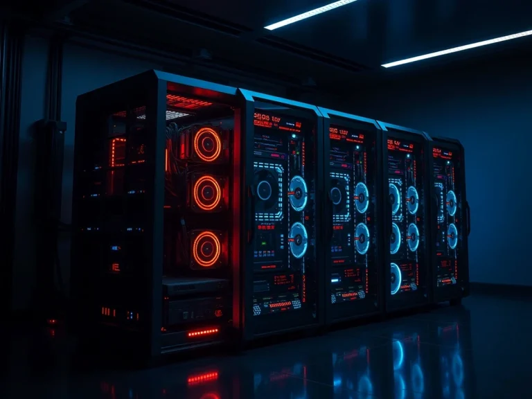 Servidores de alta tecnología iluminados en azul y rojo