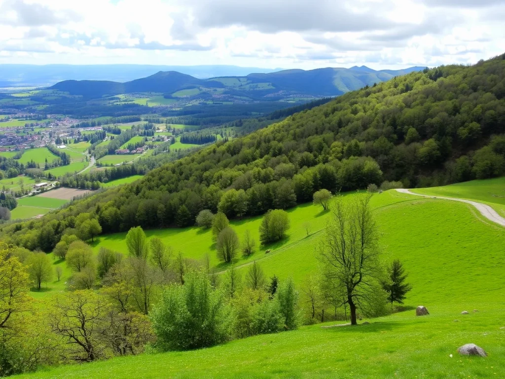 Paisaje verde de colinas y árboles en Euskadi