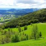 Paisaje verde de colinas y árboles en Euskadi