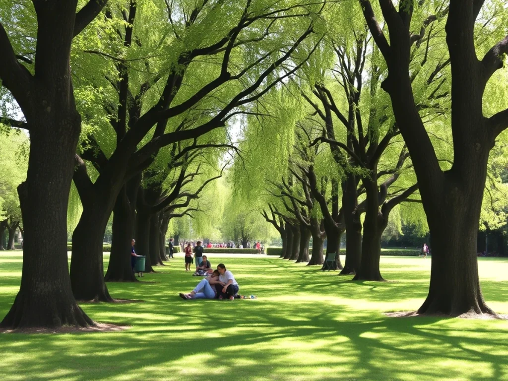 Sendero arbolado con personas sentadas en el césped verde.