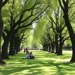 Sendero arbolado con personas sentadas en el césped verde.