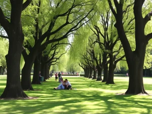 Sendero arbolado con personas sentadas en el césped verde.