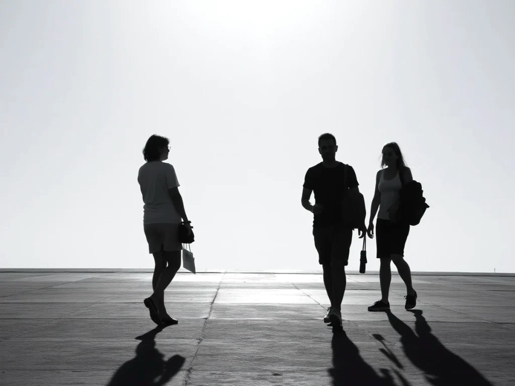 Siluetas de tres personas caminando al atardecer