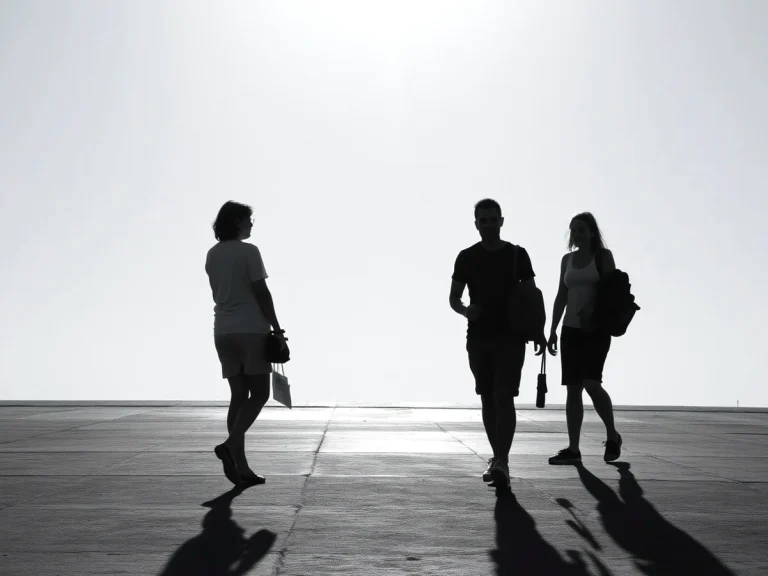 Siluetas de tres personas caminando al atardecer