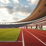 Atletas corriendo en una pista de atletismo en un estadio lleno