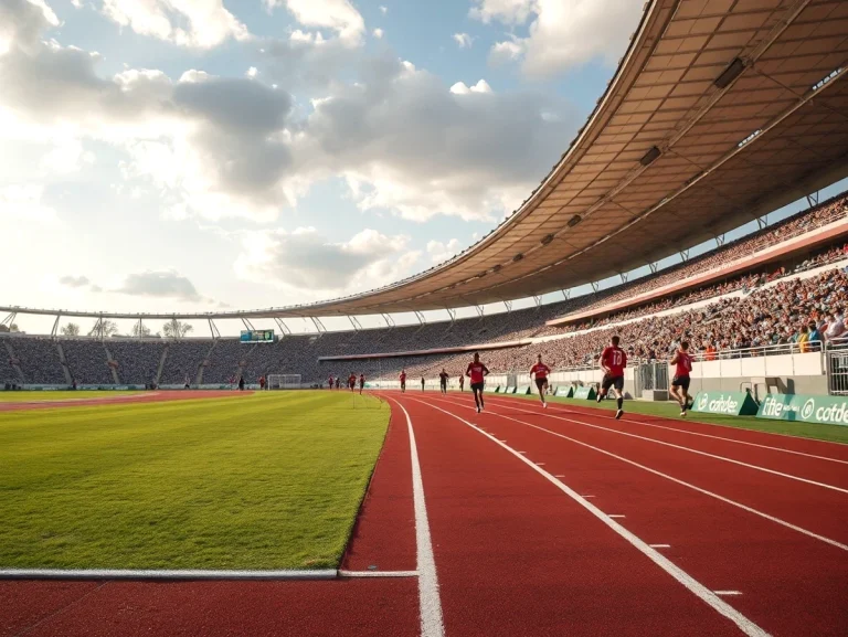 Atletas corriendo en una pista de atletismo en un estadio lleno