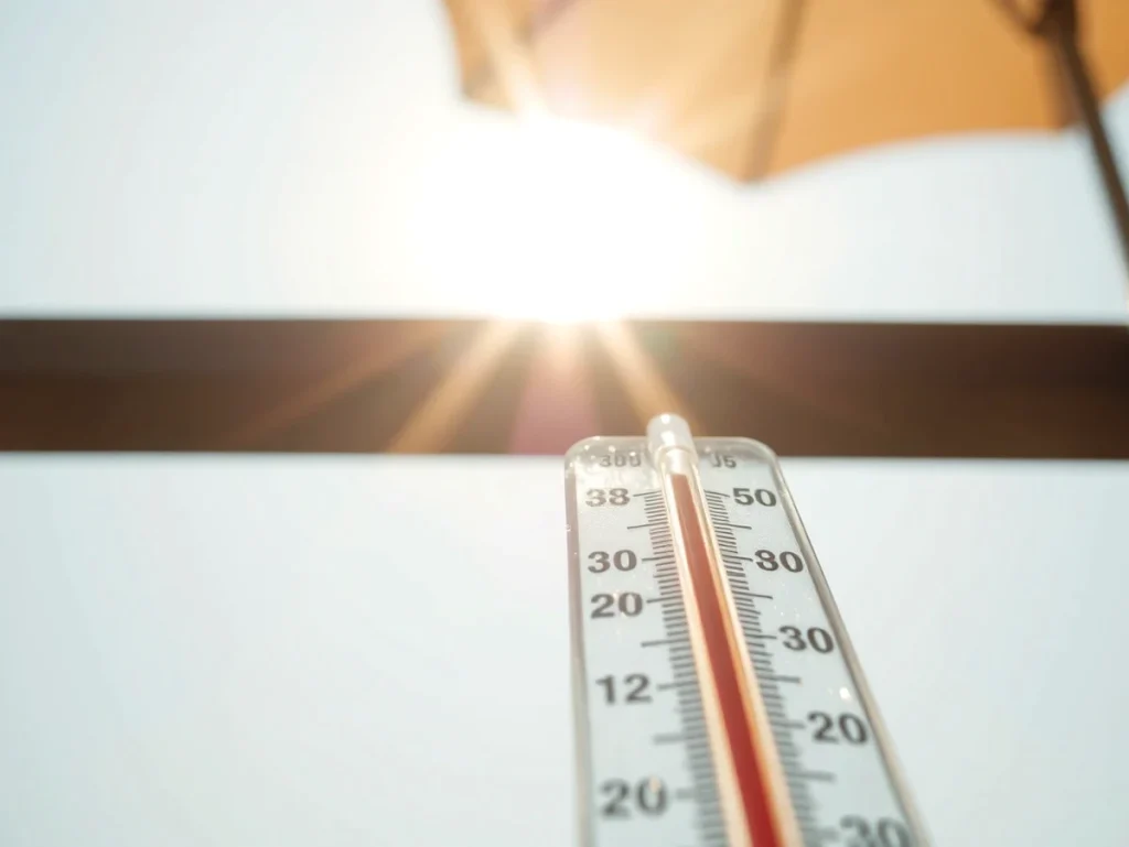 Termómetro mostrando temperaturas altas bajo el sol